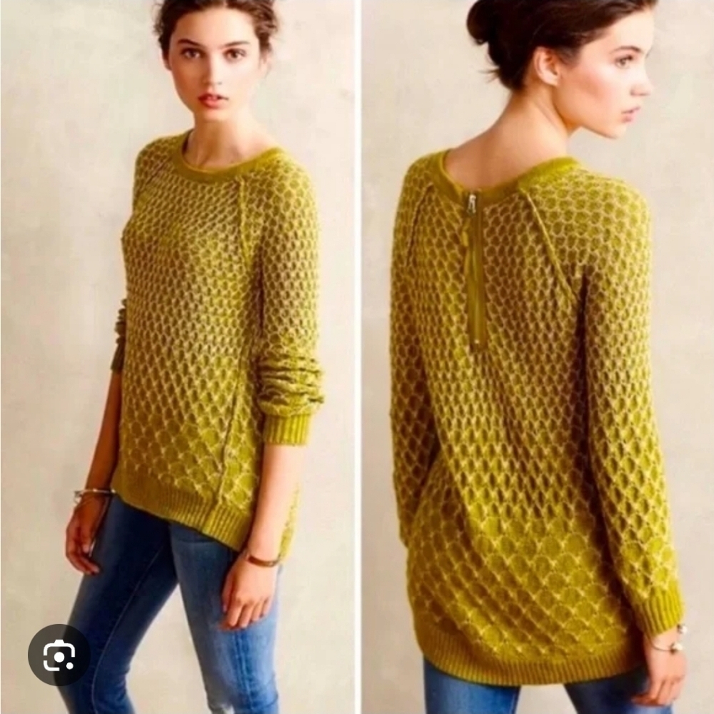 Moth Anthropologie Women's Sweater Pullover Honeycomb Crochet Knit Green S